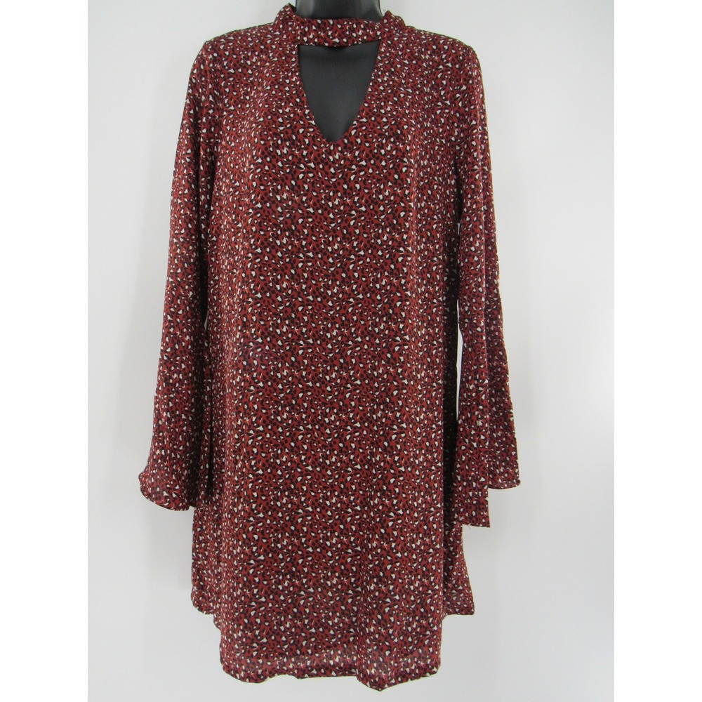 Women's Red Leopard Print Choker Neck Bell Sleeve Boho Mini Dress Size Small